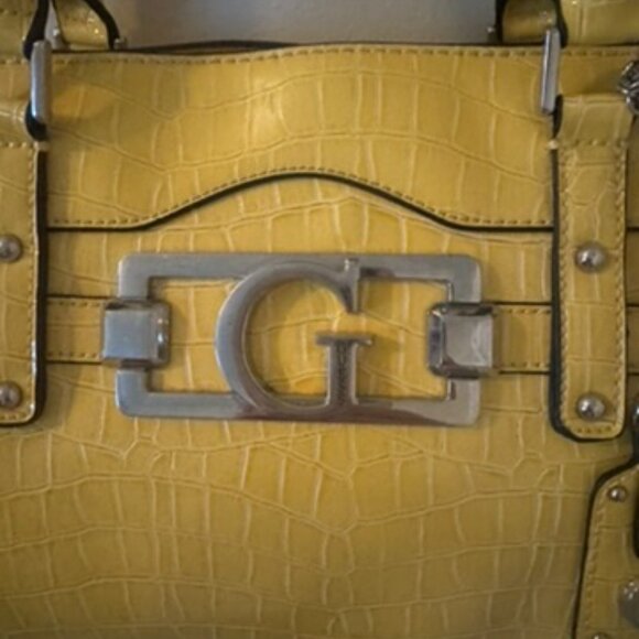 GUESS Glossy Croc-Embossed Leather Crossbody Purse Yellow "Designer Handbag" - Picture 1 of 16